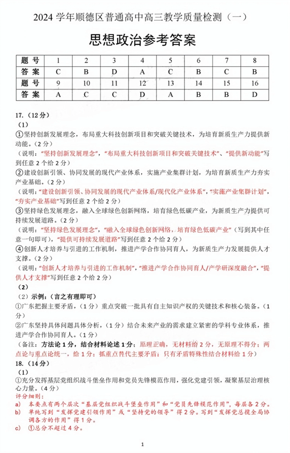 广东省佛山市2024学年顺德区普通高中高三教学质量检测（一）（全科）_政治试卷参考答案.pdf_第1页