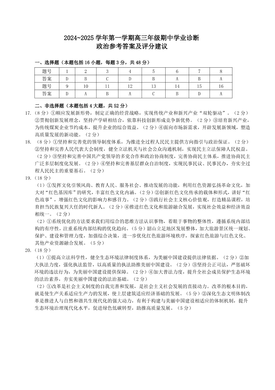 山西省太原市2024-2025学年高三年级第一学期期中测评政治_政治答案.pdf_第1页