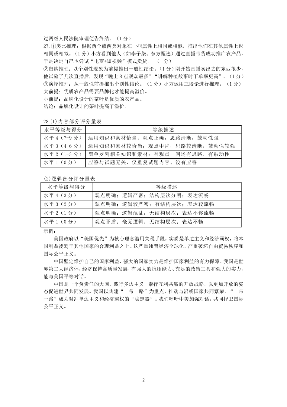 浙江省丽水市2025年6月高二期末考试（全科）_政治答案｜2506丽水高二期末.pdf_第2页