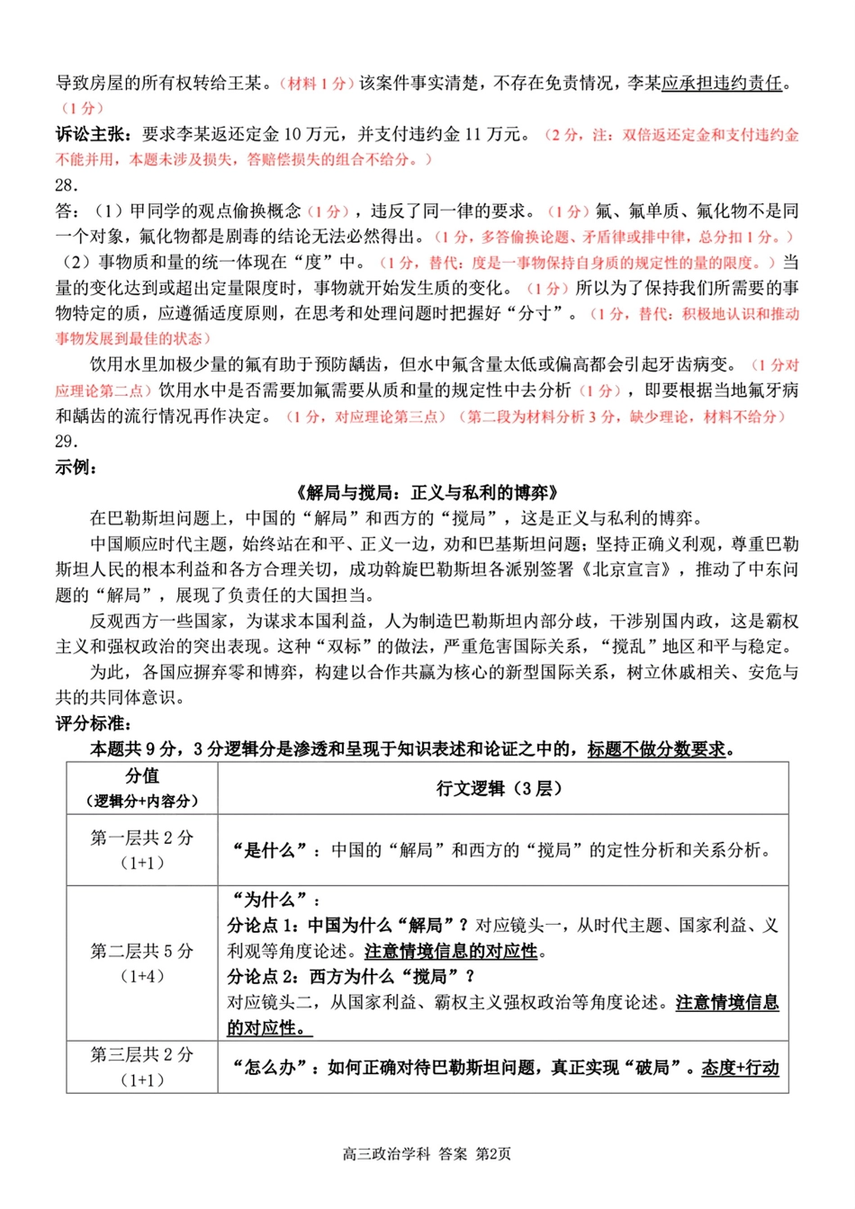 2024-2025学年第一学期天域全国名校协作体联考政治试题答案.pdf_第2页