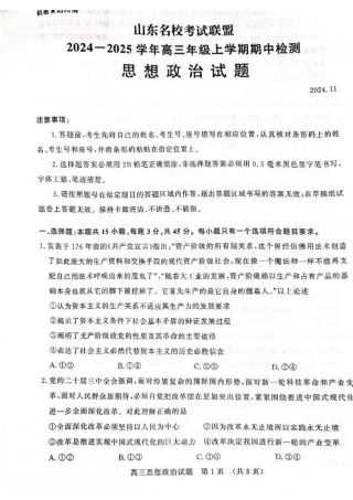 山东省名校考试联盟2024-2025学年高三上学期期中考试政治试题.pdf
