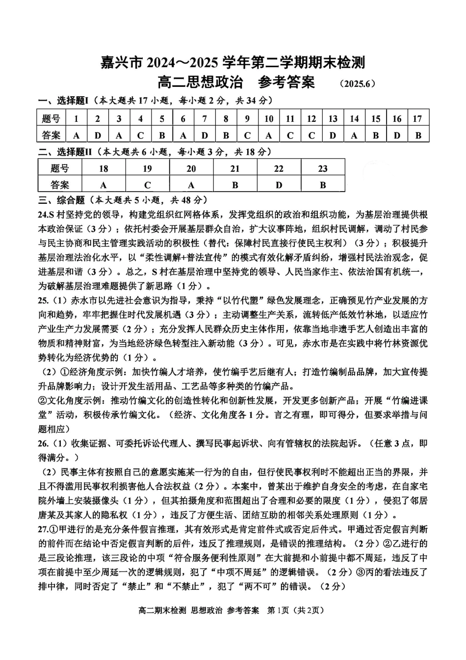 浙江省嘉兴市2024~2025学年第二学期高二期末检测（全科）_政治答案-2506嘉兴高二期末.pdf_第1页
