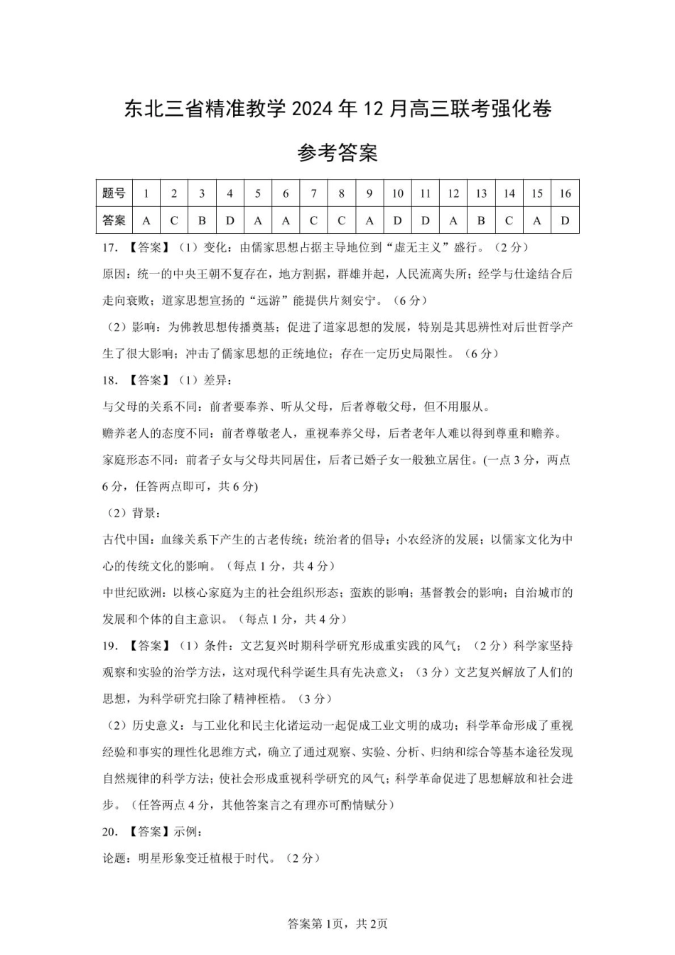 【简版答案】东北三省2024年12月高三联考强化卷 历史.pdf_第1页