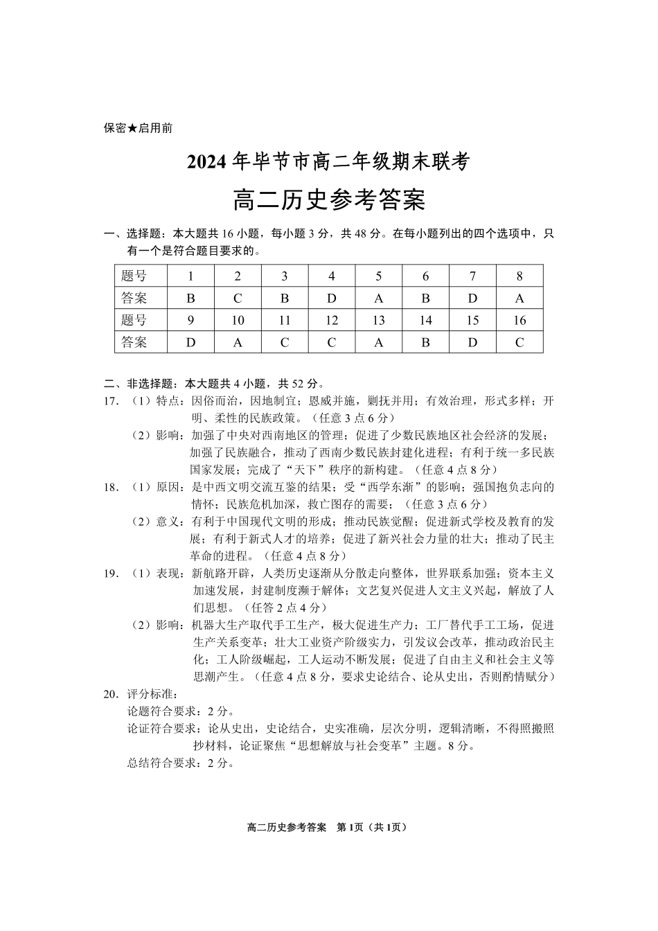 2024年毕节市高二年级期末联考+历史参考答案.pdf_第1页