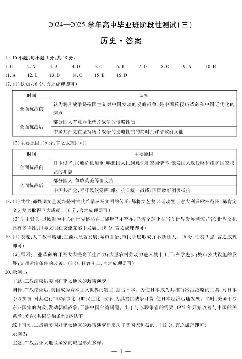 2025届河南大联考高三阶段性检测（三）历史试题_历史高三三联简易答案.pdf_第1页
