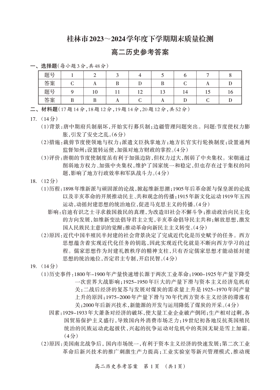 桂林2024年春季期末高二历史答案.pdf_第1页