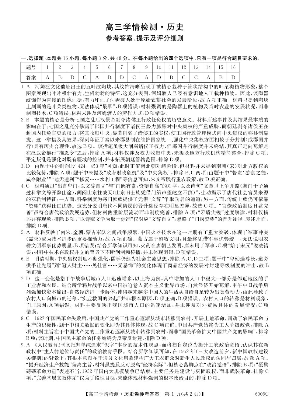 【历史答案】安徽省县中联盟2025-2026学年高三上学期学情检测.pdf_第1页