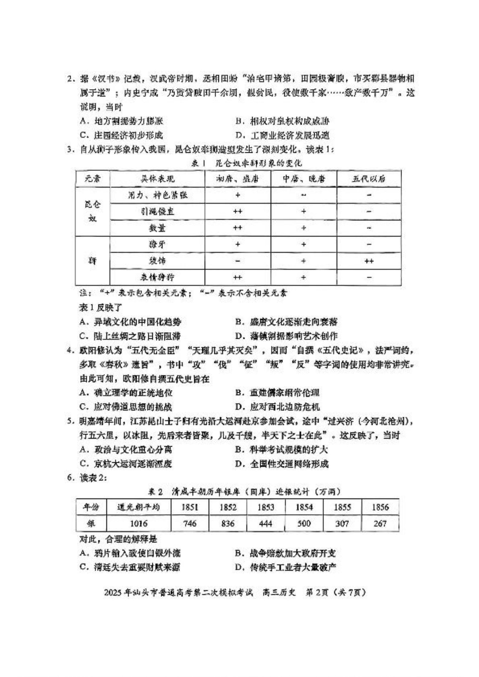 2025届广东省汕头市高三下学期普通高考第二次模拟考试历史试卷（含答案）.pdf_第2页