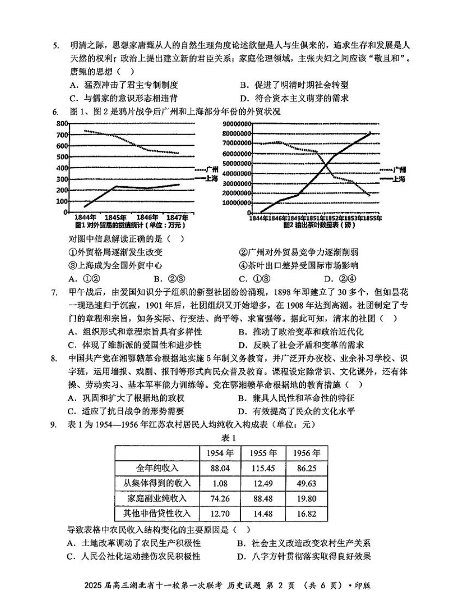 2025届湖北省十一校高三上学期第一次联考（一模）历史试题.pdf_第2页