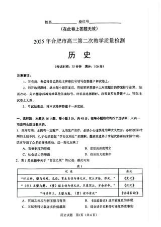 安徽省合肥市2025届高三第二次教学质量检测历史试题（含答案）.pdf