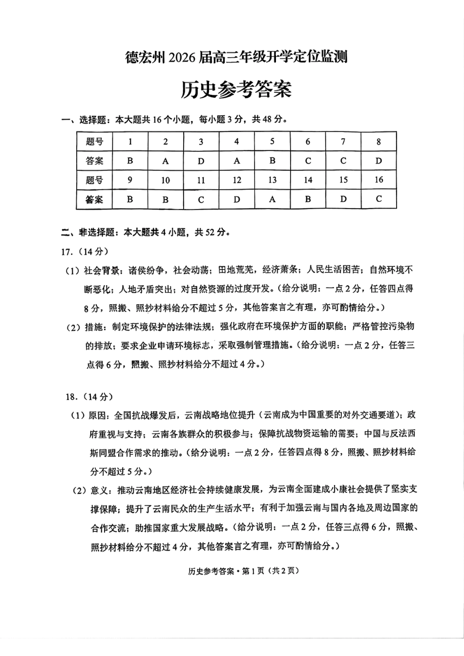 德宏州2026届高三年级开学定位监测历史答案.pdf_第1页