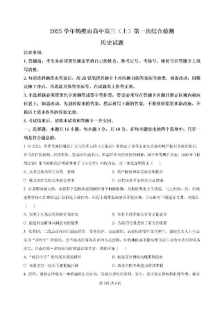 河南省鹤壁市高中2024-2025学年高三上学期第一次综合检测历史试题（含解析）.pdf