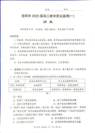 湖南省岳阳市2025届高三上学期教学质量监测（一）历史.pdf