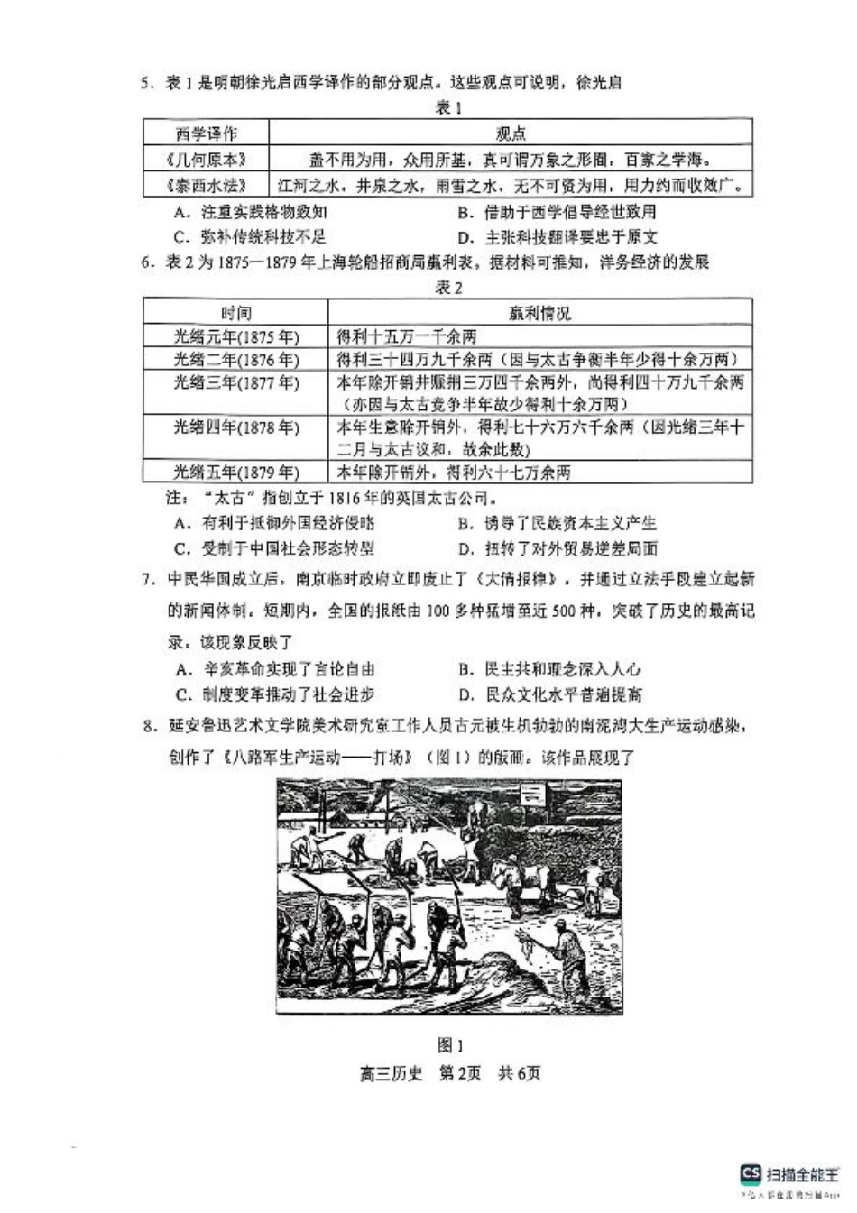 江苏省苏州市2024-2025学年高三上学期学业质量阳光指标调研历史试题.pdf_第2页
