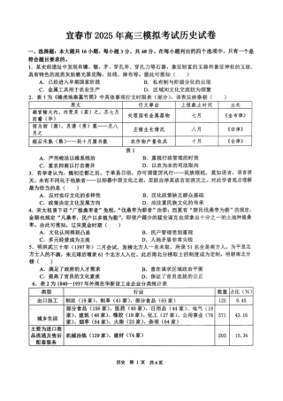 江西省宜春市2025届高三下学期4月模拟考试历史试题（含答案）.pdf