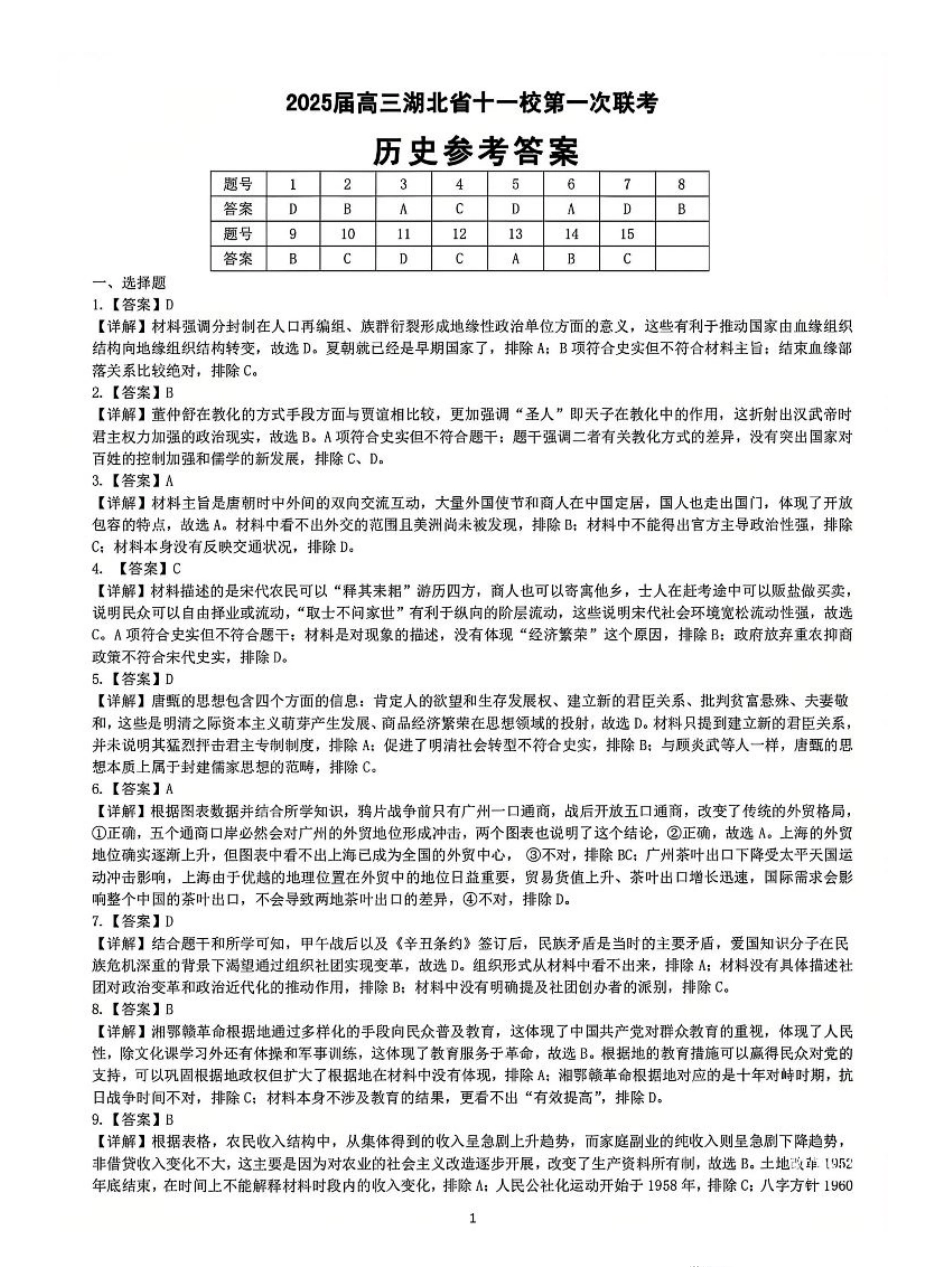 历史_2025年湖北省十一校第一次联考历史答案.pdf_第1页