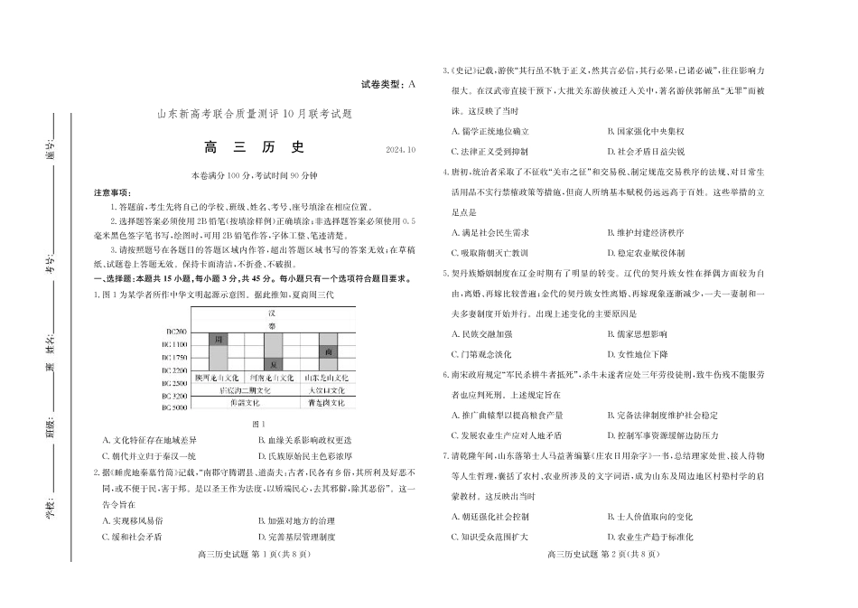 山东新高考联合质量测评高三10月联考试题 历史试卷.pdf_第1页