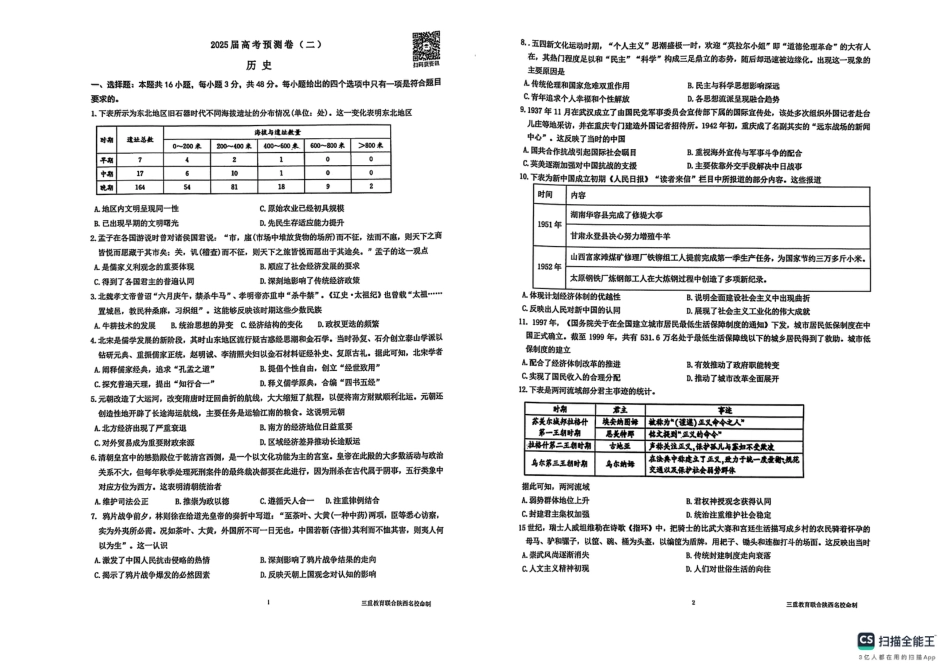 陕西省三重教育2025届高考预测卷（二）历史.pdf_第1页