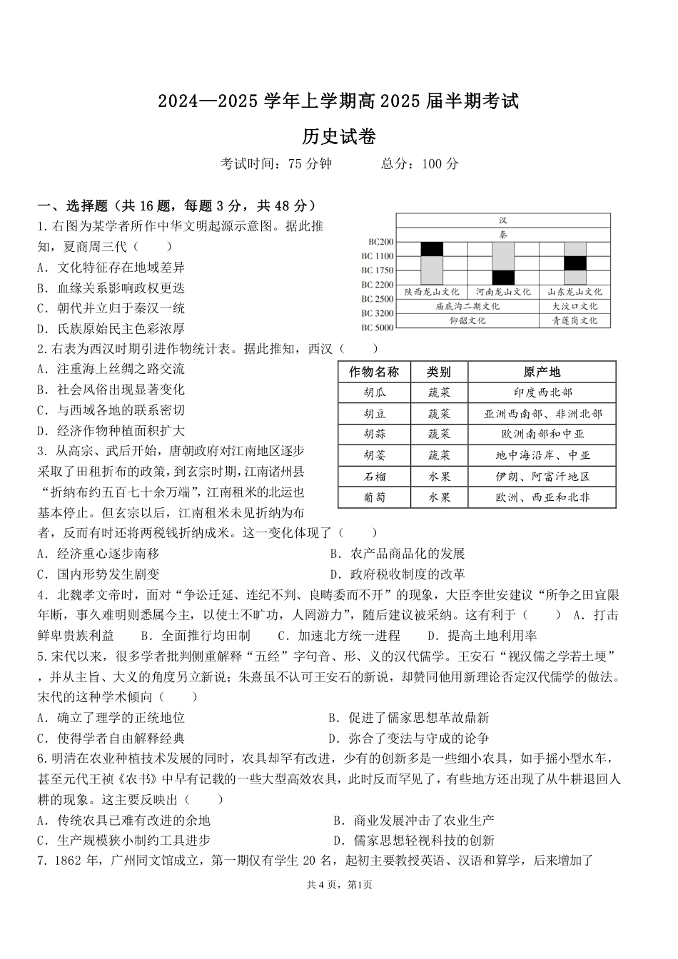 四川省成都市第七中学2024-2025学年高三上学期11月期中考试历史.pdf_第1页