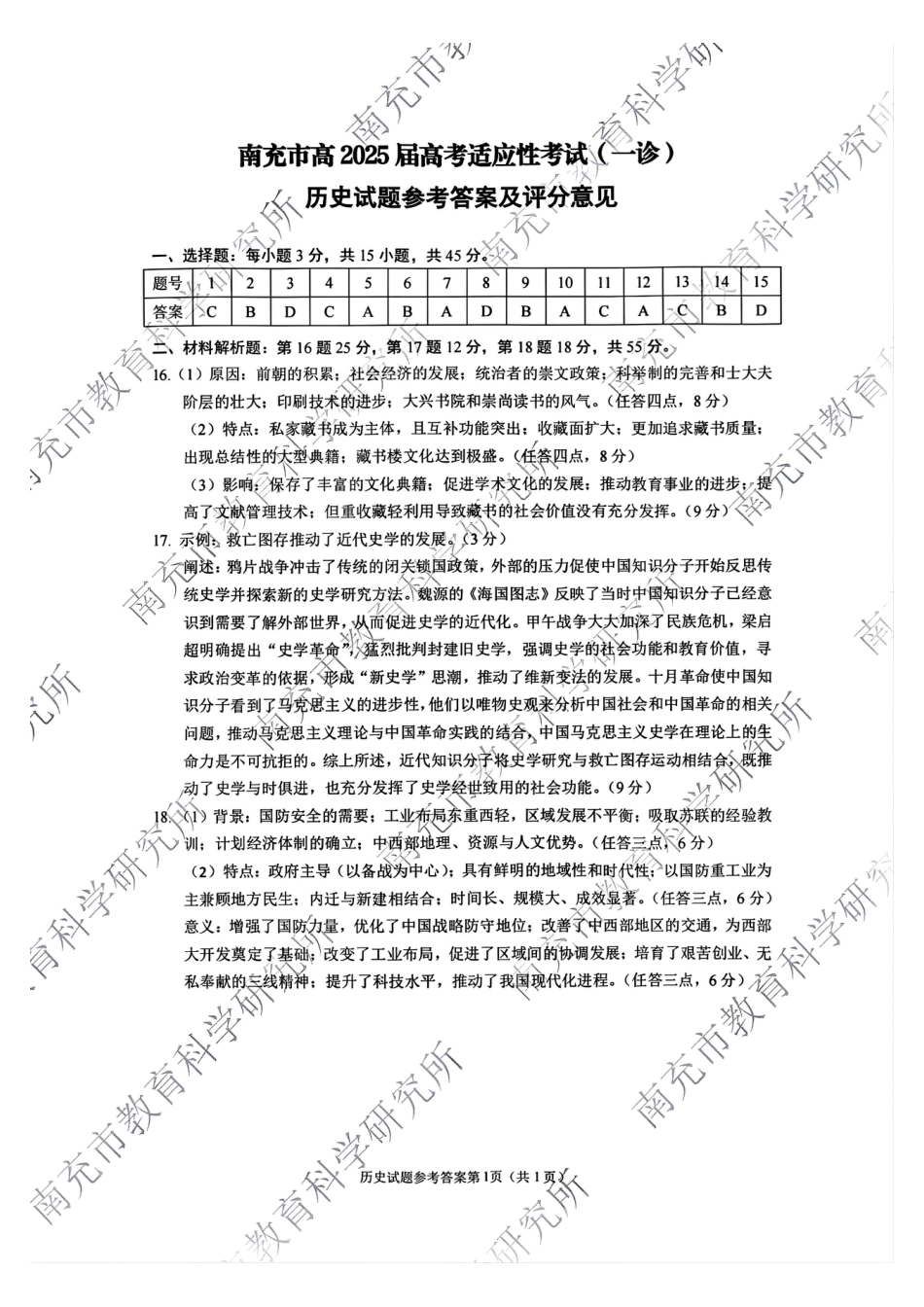 四川省南充市2025届高三高考适应性考试（一诊）历史试题答案.pdf_第1页