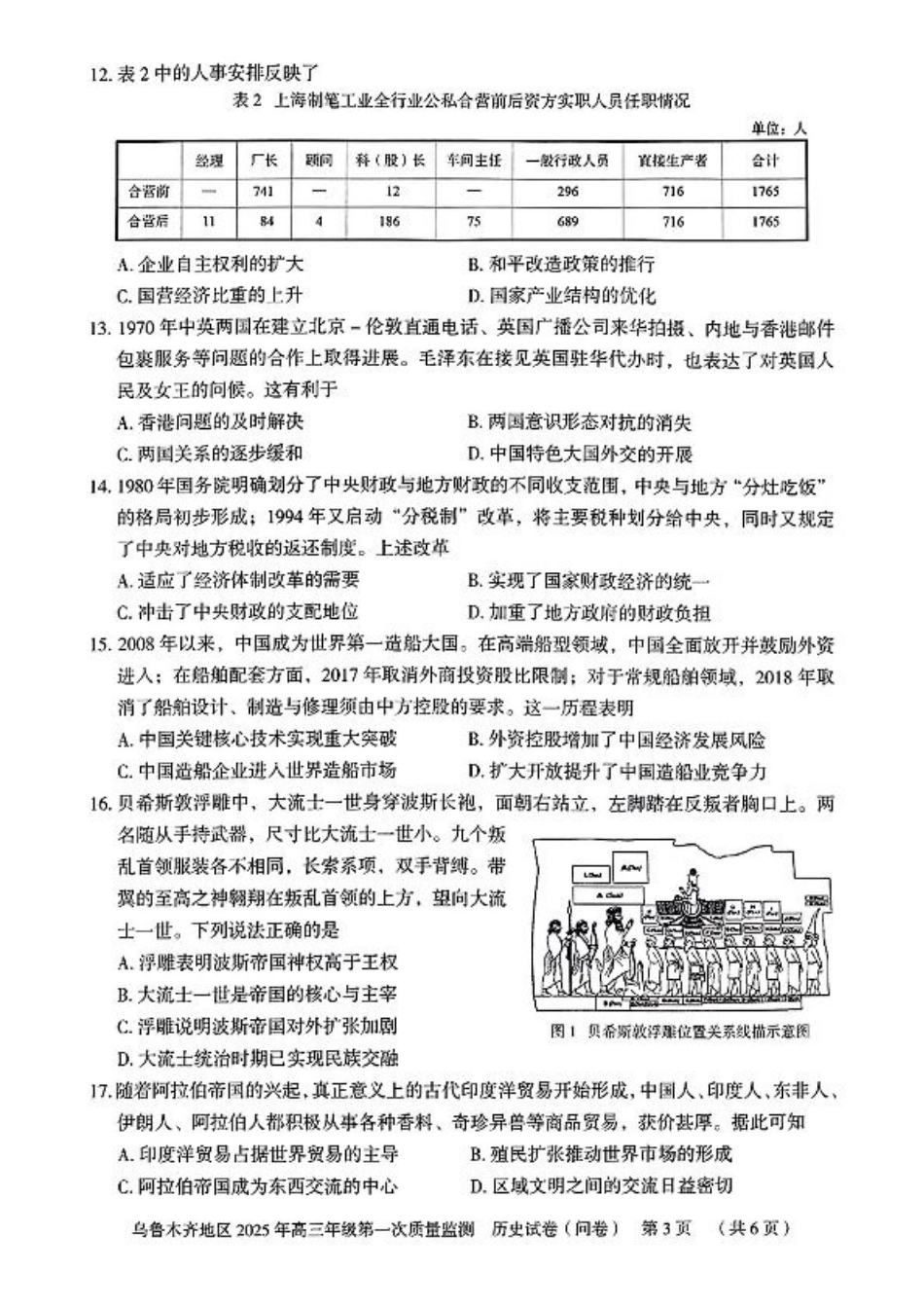 新疆乌鲁木齐地区 2025 年高三年级第一次质量监测历史+答案.pdf_第3页