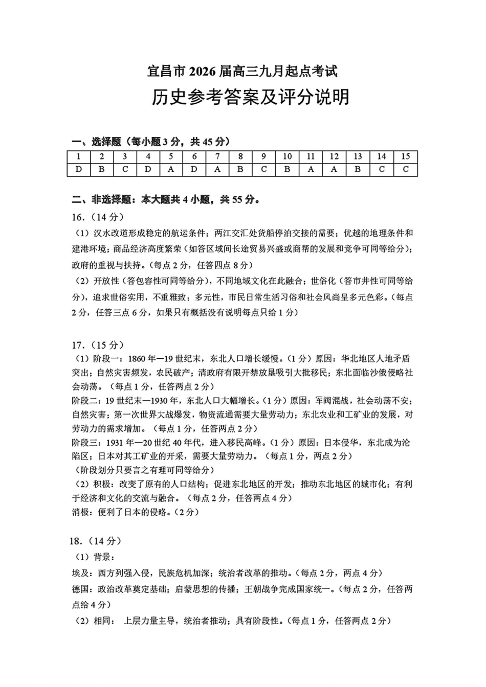 宜昌市2026届高三九月起点考试历史答案.pdf_第1页