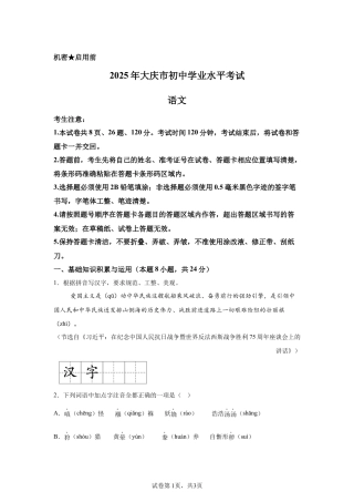 2025年黑龙江省大庆市中考语文真题试卷-A4（含答案）.docx