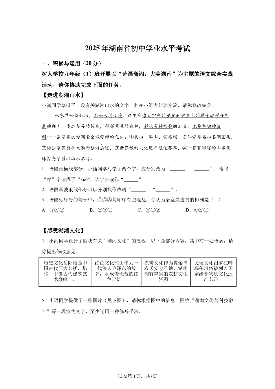 2025年湖南省中考语文真题试卷（含解析）.docx_第1页