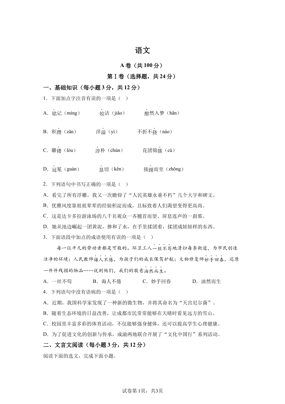 2025年四川省成都市中考语文真题试卷及答案解析.docx_第1页