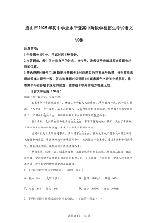 2025年四川省眉山市中考语文真题试卷 -A4（含答案）.docx
