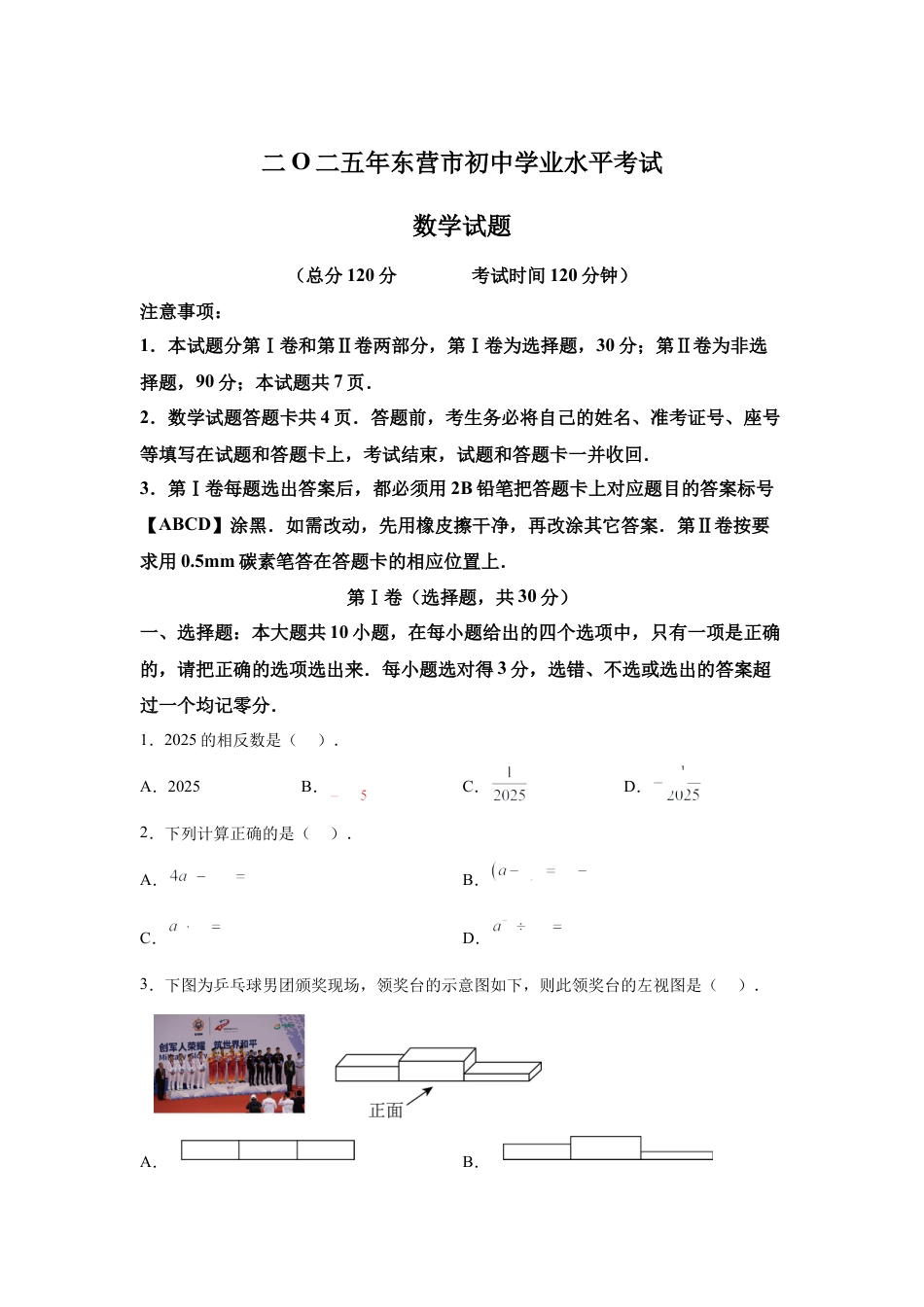 2025年山东省东营市中考数学真题试卷及答案解析.docx_第1页