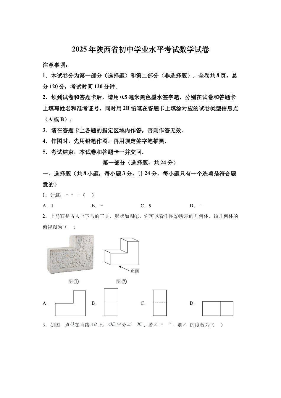 2025年陕西省中考数学真题试卷及答案解析.docx_第1页