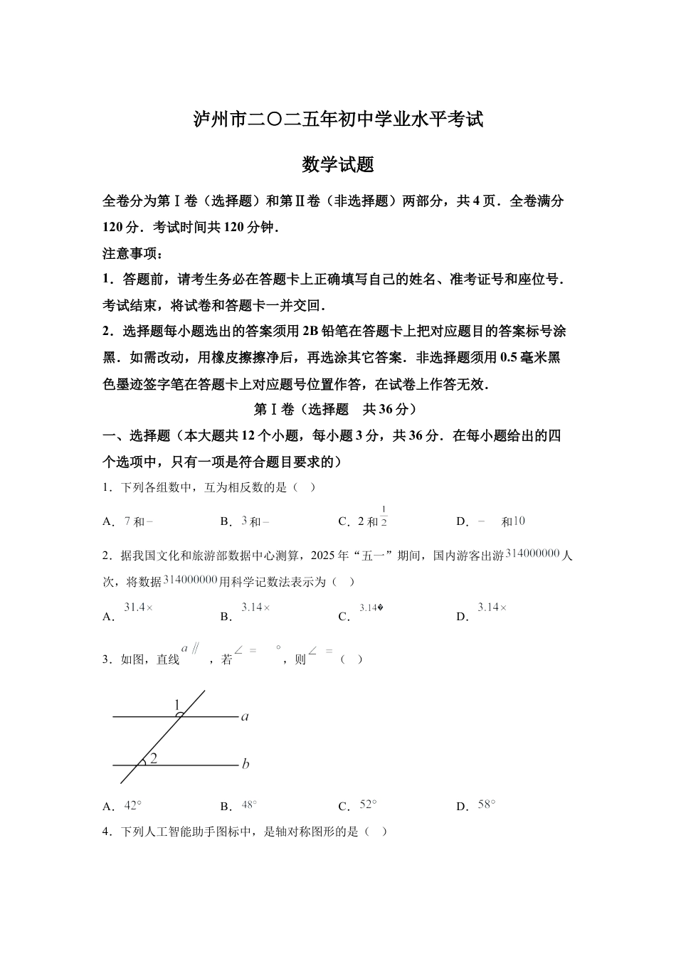 2025年四川省泸州市中考数学真题试卷及答案解析.docx_第1页