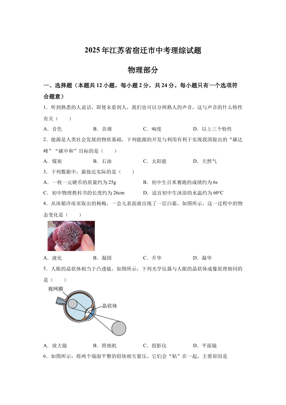 2025年江苏省宿迁市中考物理试题-真题试卷及参考答案.docx_第1页