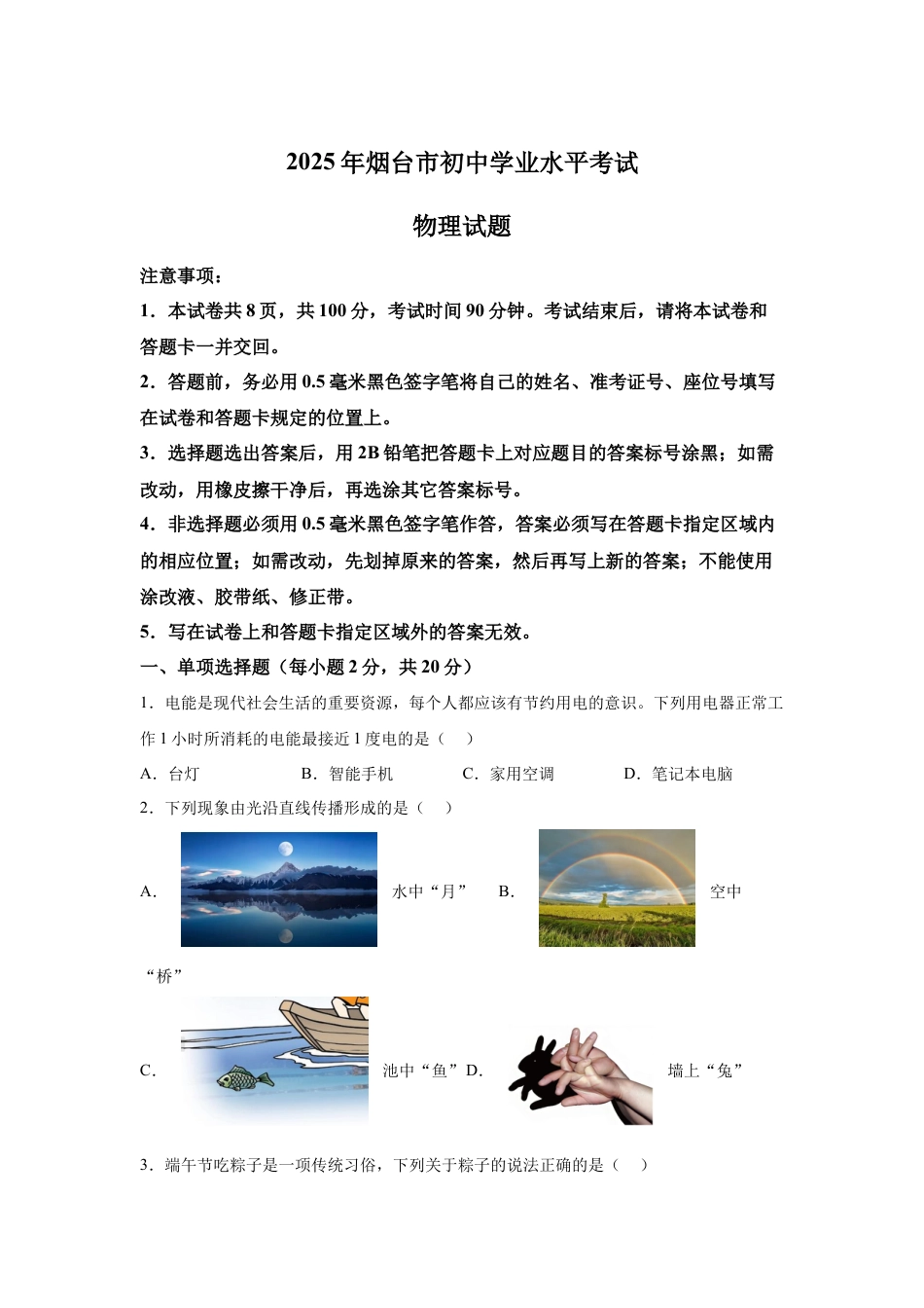 2025年山东省烟台市中考物理真题试卷及解析.docx_第1页