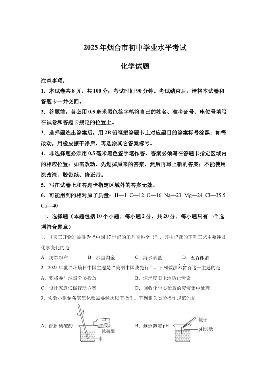 2025年山东省烟台市中考化学真题试卷.docx_第1页