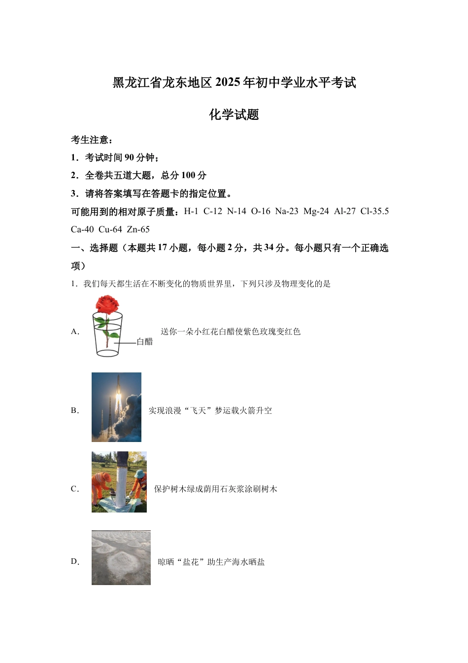 2025年黑龙江省龙东地区中考化学真题试卷【含答案解析】.docx_第1页