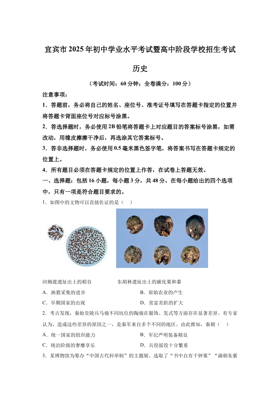 2025年四川省宜宾市中考历史真题及答案.docx_第1页