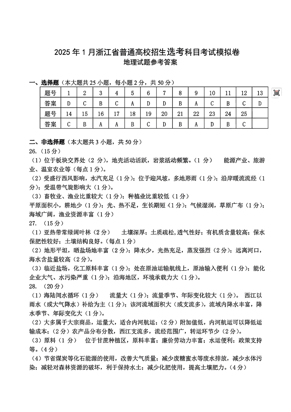 2025届浙江省五校联盟高三12月首考模拟（杭二、温中、金一中、绍一中、衢二中）（全科）_地理答案.pdf_第1页
