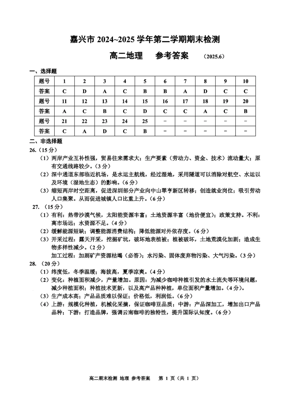 浙江省嘉兴市2024~2025学年第二学期高二期末检测（全科）_地理答案-2506嘉兴高二期末.pdf_第1页
