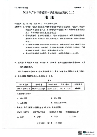 广东省广州市2025届普通高中毕业班综合测试（二）地理试题（含答案）.pdf