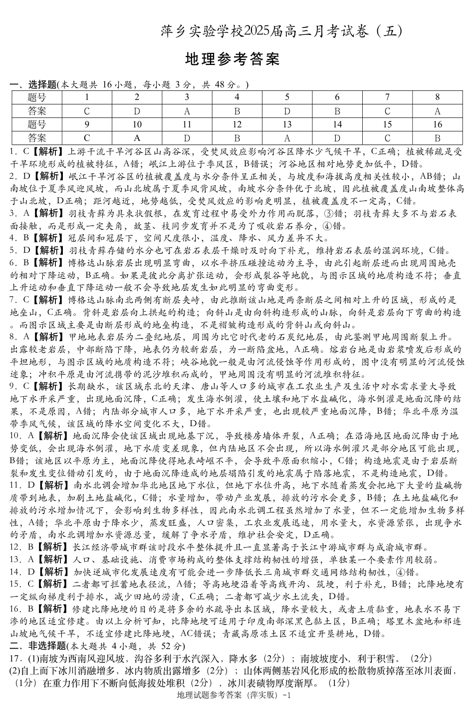 江西省萍乡市萍乡中学2025届高三上学期月考卷（五）地理答案.pdf_第1页