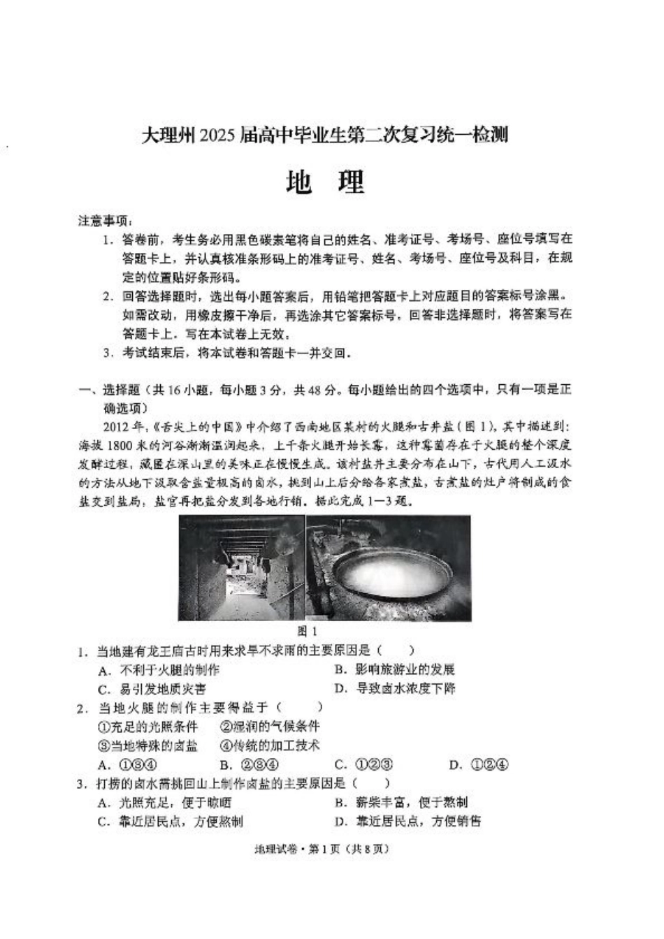云南省大理州2025届高中毕业生第二次复习统一检测地理.pdf_第1页