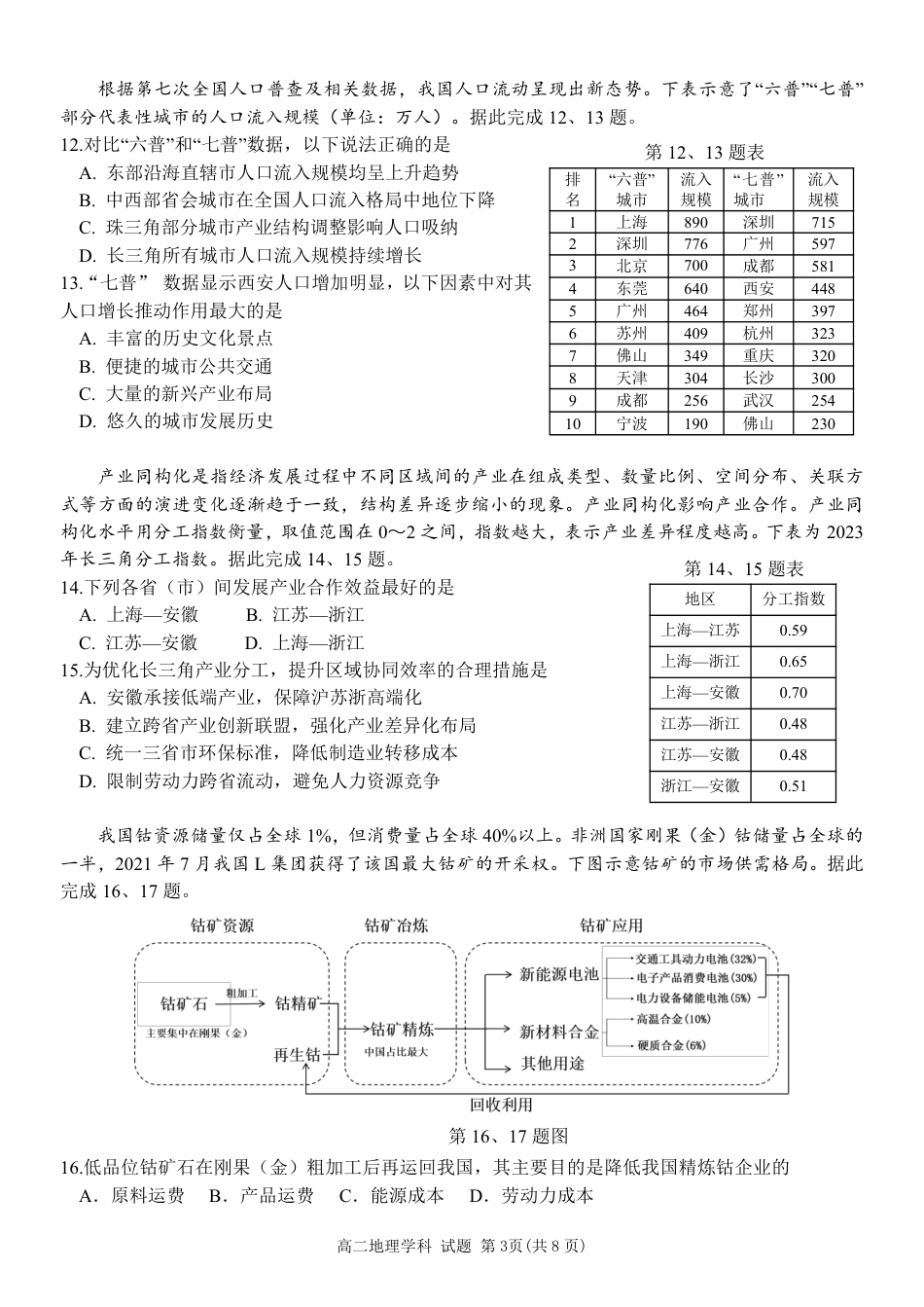 浙江省2024学年第二学期温州十校联合体高二期末联考（全科）_地理试题｜2506温州十校期末联考.pdf_第3页