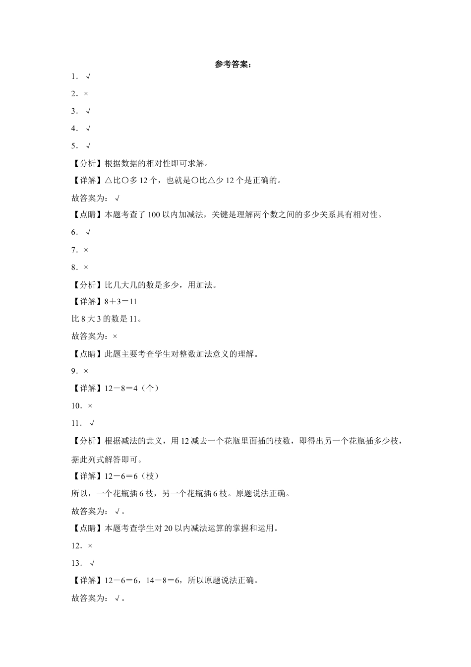第一单元20以内的退位减法判断题（易错题提高卷）一年级下册数学专项培优卷（苏教版）.docx_第2页