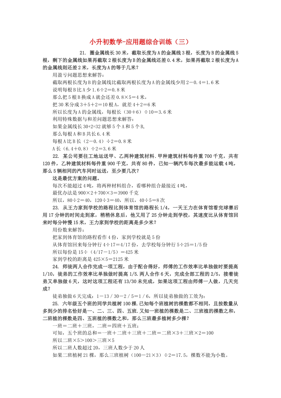 小升初数学 应用题综合训练（三） 苏教版.docx_第1页
