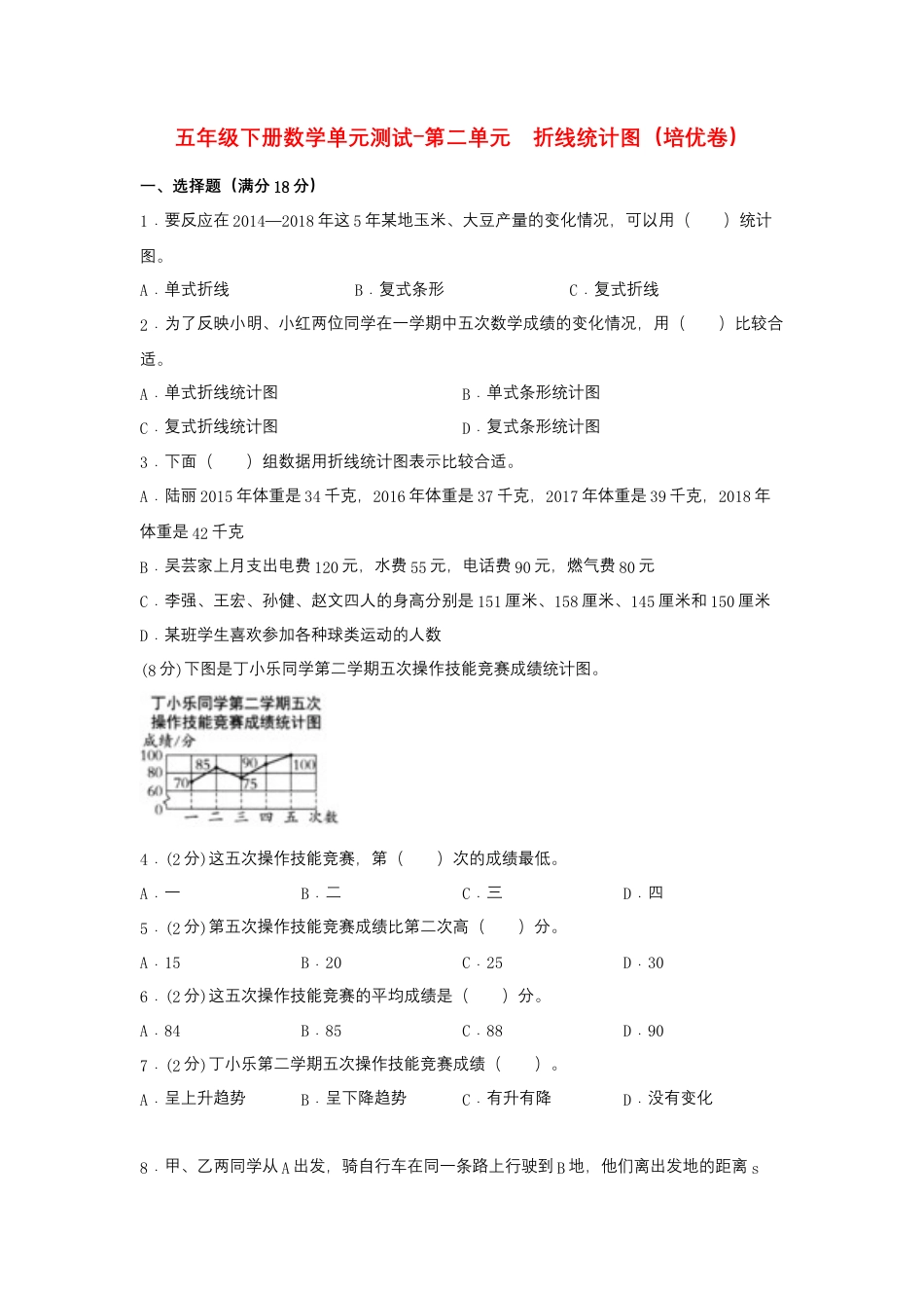 【江苏专用】五年级下册数学单元测试-第二单元  折线统计图（培优卷）  苏教版（含答案）.docx_第1页