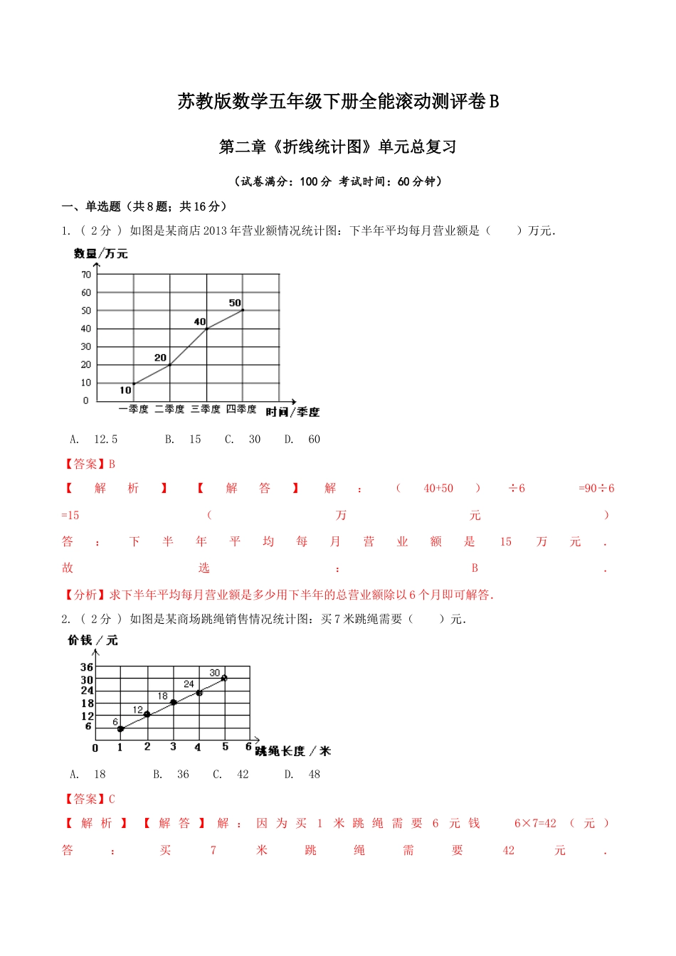 【精品】第二章《折线统计图》单元总复习—五年级数学下册全能滚动测评卷B（解析版）苏教版.docx_第1页