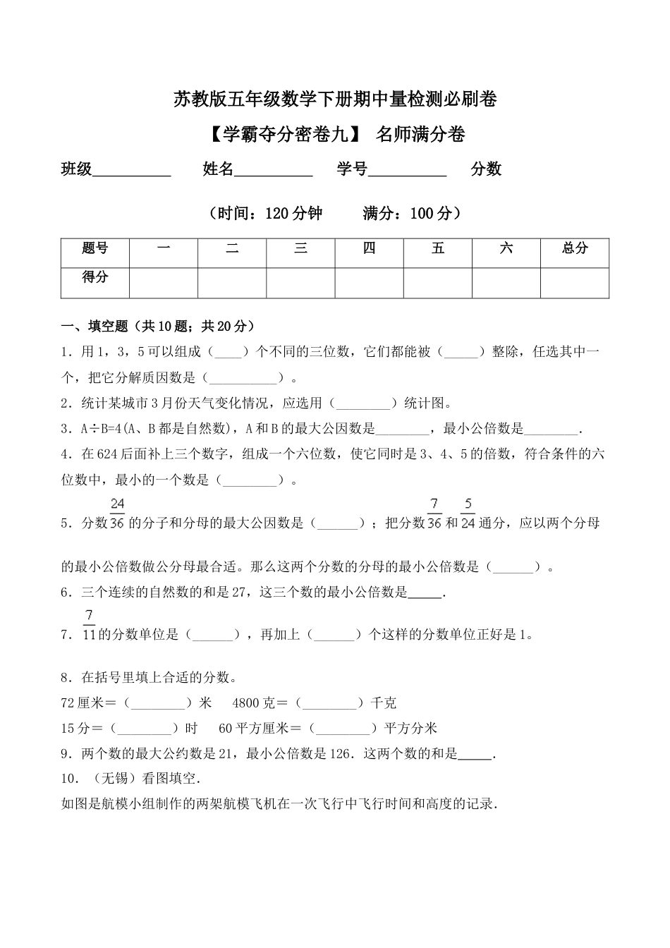 【学霸密卷九】苏教版五年级数学下册期中名师满分卷（Word版 含答案）.docx_第1页