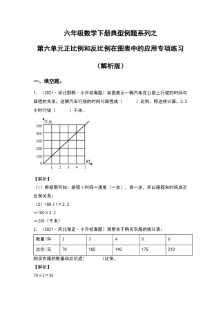 六年级数学下册典型例题系列之第六单元正比例和反比例在图表中的应用专项练习（解析版）苏教版.docx